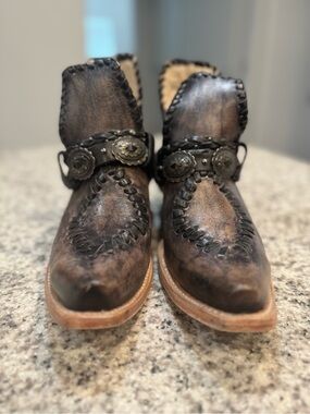 Freebird Whimsical Black Distressed Leather Ankle Boots with Concho Strap